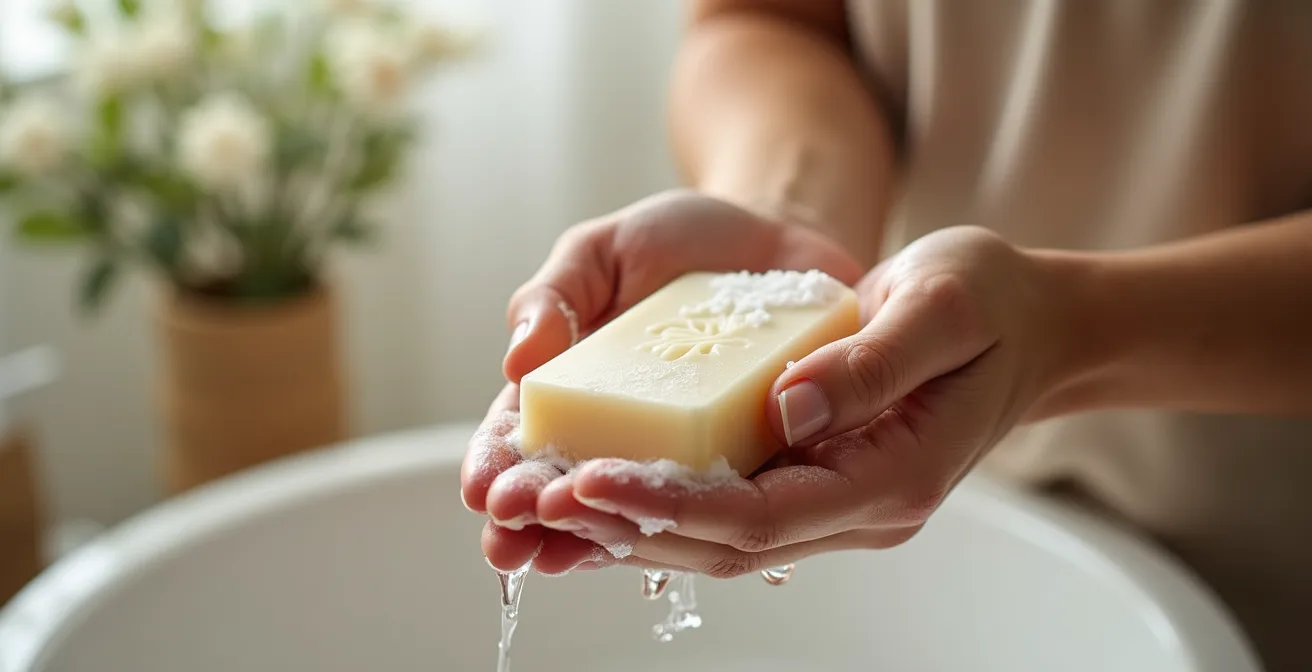 Mains féminines créant une mousse onctueuse avec un savon surgras naturel