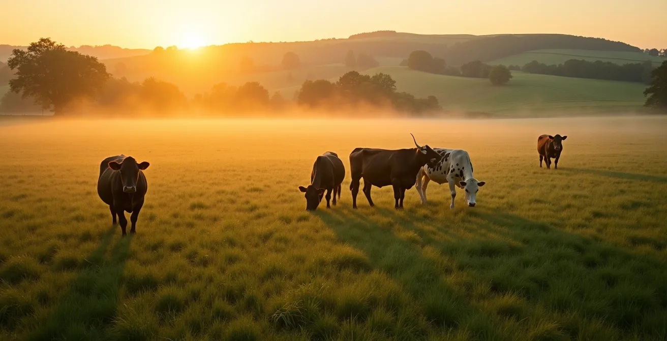 Vue aérienne d'un pâturage normand verdoyant avec vaches au lever du soleil