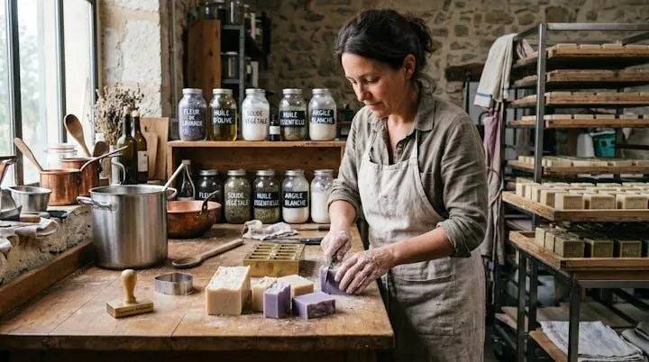 Artisan français façonnant des savons naturels dans son atelier de saponification traditionnel