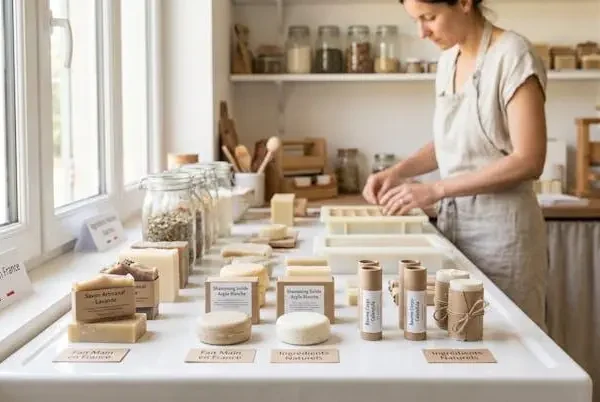 Comptoir de savonnerie artisanale française avec cosmétiques solides naturels disposés sur surface blanche claire