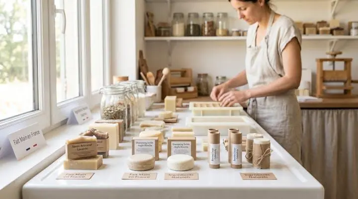 Comptoir de savonnerie artisanale française avec cosmétiques solides naturels disposés sur surface blanche claire