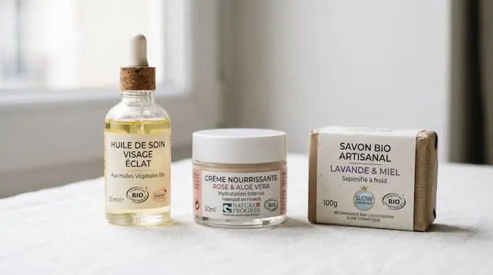 Cosmétiques bio français certifiés avec labels Cosmébio et Nature & Progrès visibles sur emballages